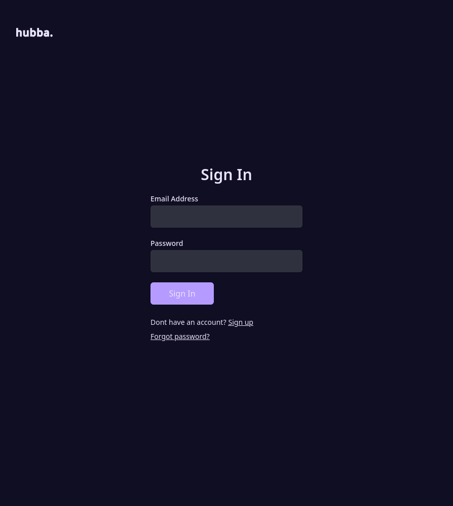 Hubba web app login page